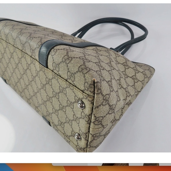 GUCCI Brown/Beige PVC Canvas GG Supreme Tote with Blue Leather trim - Picture 9 of 16